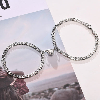 TempBeau 2pcs/Set Couple Bracelet, Relationship Matching Bracelet for Men Women, Stainless Steel Cuban/Figaro Chain BFF Promise Bracelet, Gifts for BF GF Him Her