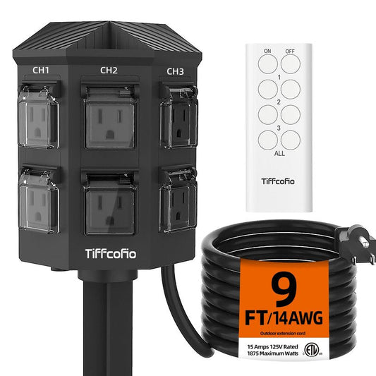 Outdoor Remote Control Power Strip, 9FT Extension Cord Waterproof, Independent Control Outlets, 6 Grounded Outlets for Outdoor Decorations, 14 AWG, 15A/1875W, ETL Listed (9 FT)