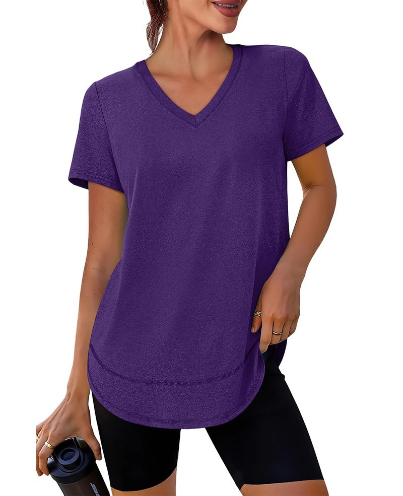 Oversized Tshirts for Women Dry Fit Plus Size Spring Clothes Summer Athletic Tops Workout Shirts V Neck Purple 3XL