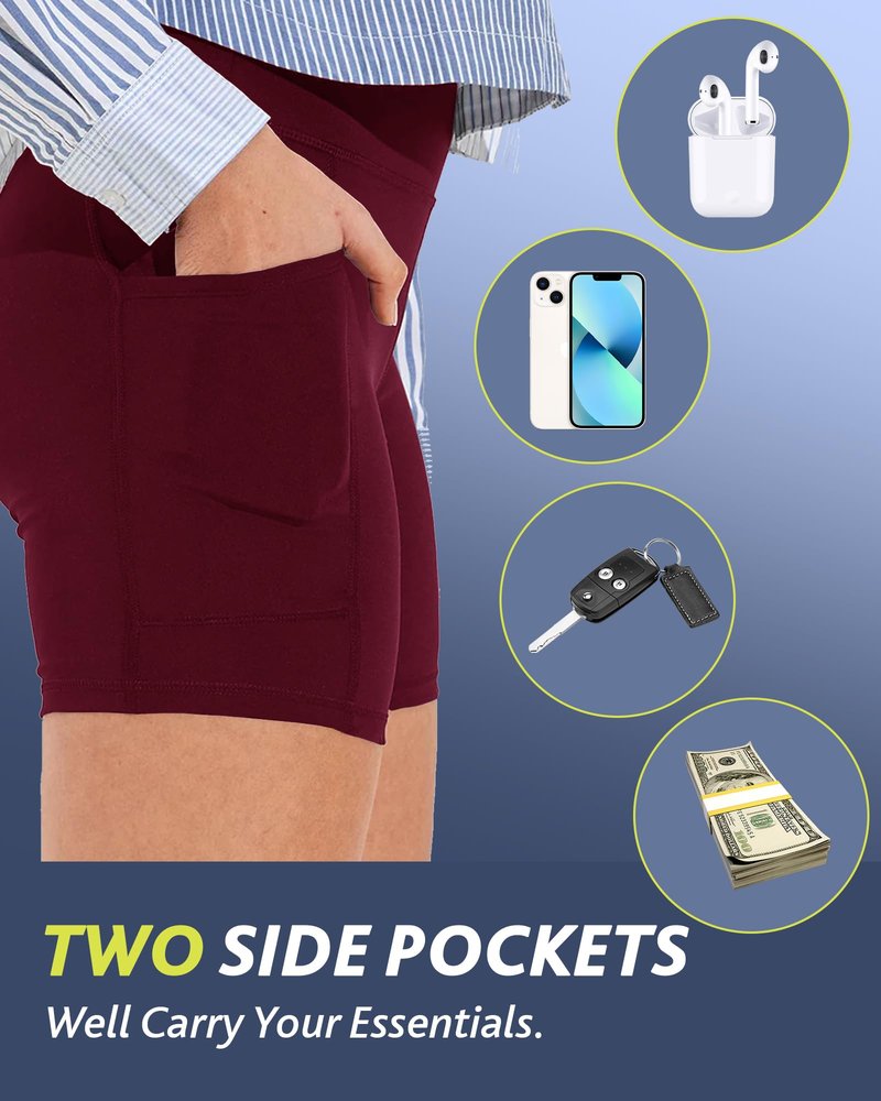 CAMPSNAIL Biker Shorts Women with Pockets - 3"/5"/8" High Waisted Workout Spandex Tummy Control Gym Running Yoga Shorts Burgundy