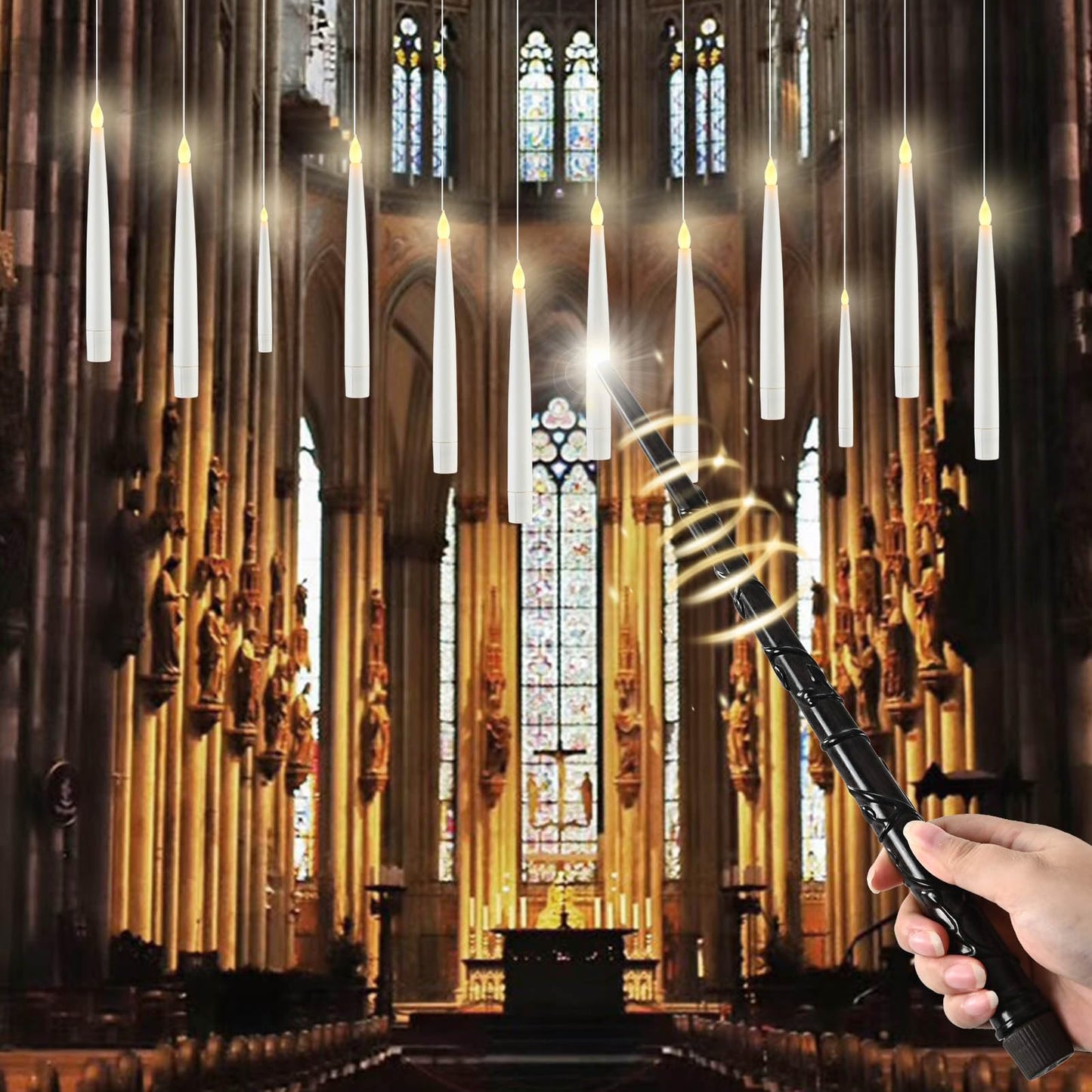 JOSU Floating Candles with Wand Remote, 12 Pcs Halloween Decor Magic Hanging Candles, Flickering Flameless LED Taper Candle Battery Operated for Christmas Window Party Home Decorations - White