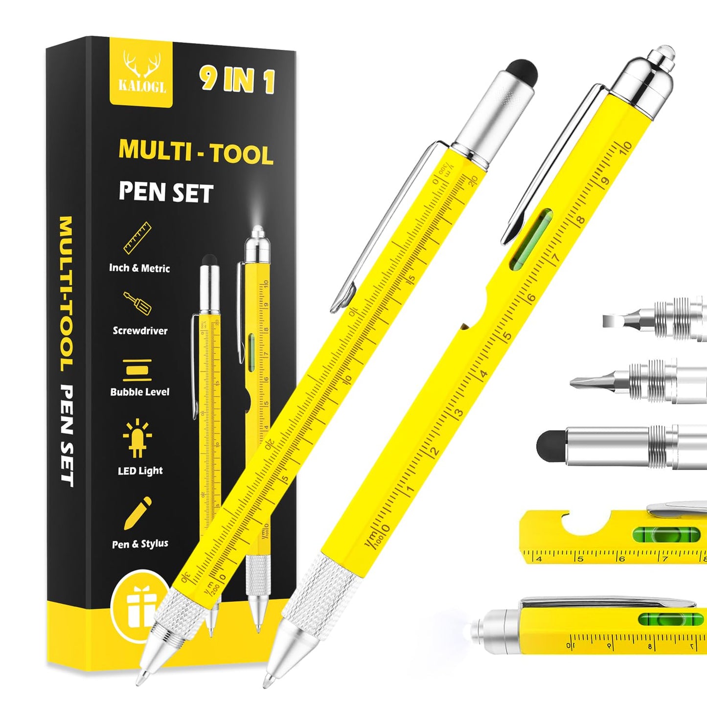 Gifts for Dad Men Him,2 Pack Multitool Pen,Multi-tool Pen with [Stylus, Ballpoint Pen, 6 refills, 4" Ruler, Level, Phillips Screwdriver,LED] (Yellow)