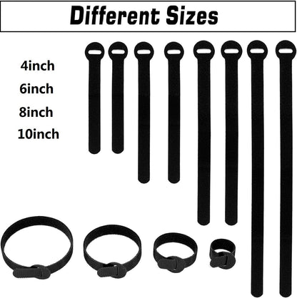 150PCS Reusable Cable Ties - 4+6+8+10inch Multi-Purpose Cable management Hook & Loop Cable Straps Wire Ties,Adjustable Fastening Cord Organizer,Cable Organizer for Home,Office and Data Centers,Black