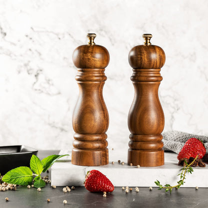 Bill.F Salt and Pepper Grinder Set, Wood Pepper Mill Set of 2 Manual Salt Pepper Shakers Grinder Refillable 7 Inch with Adjustable Ceramic Grinding Rotor