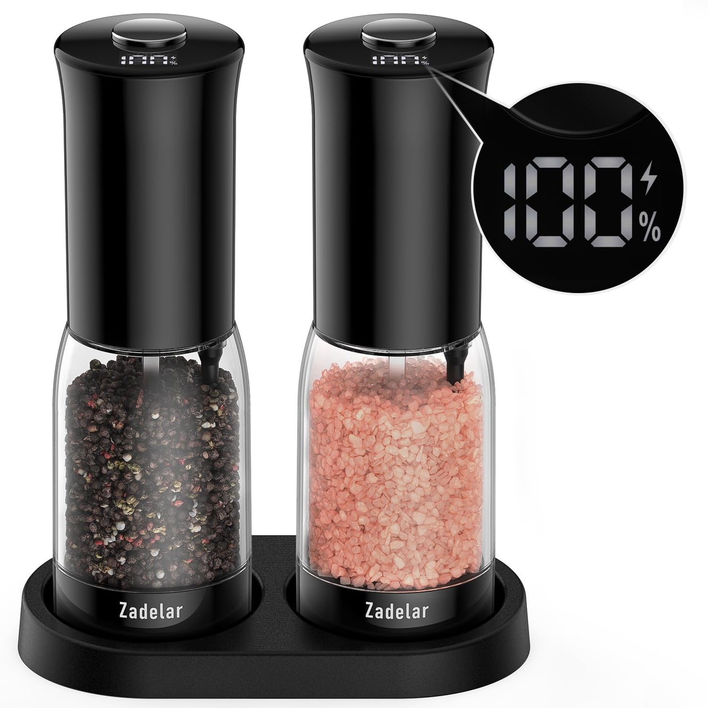 Electric Salt and Pepper Grinder Set with LED Power Display,Larger Capacity Salt and Pepper Shakers Set Rechargeable Electric with Flexible Coarsenes,LED Light,One Hand Operation for Kitchen