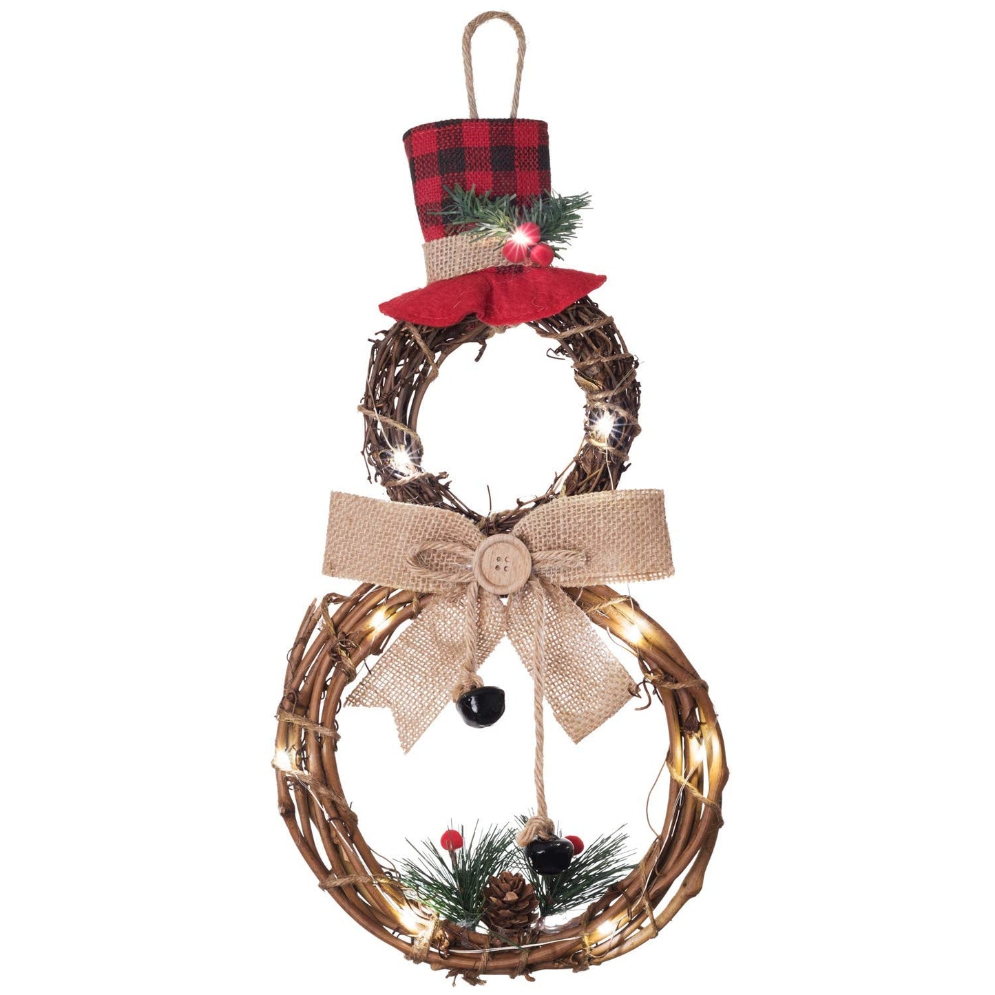 Lvydec Lighted Christmas Wreath Decoration - 16 x 8 Inch Grapevine Wreath with Hat and Bow Snowman Shape Wreath for Front Door Home Wall Decor
