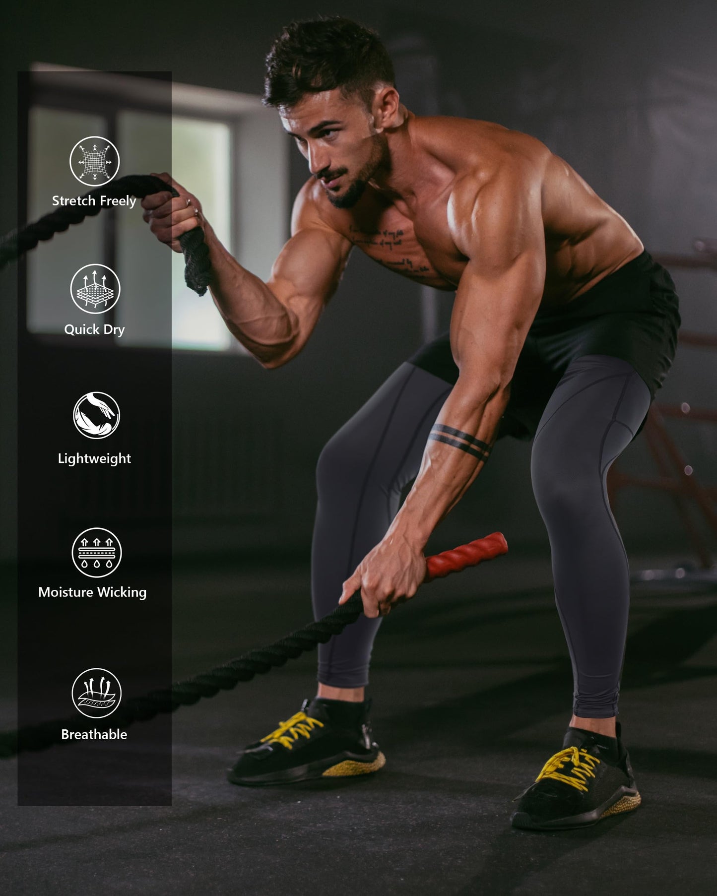 Roadbox Compression Pants Men, Running Workout Leggings with Pockets, Gym Basketball Athletic Tights Base Layer Black