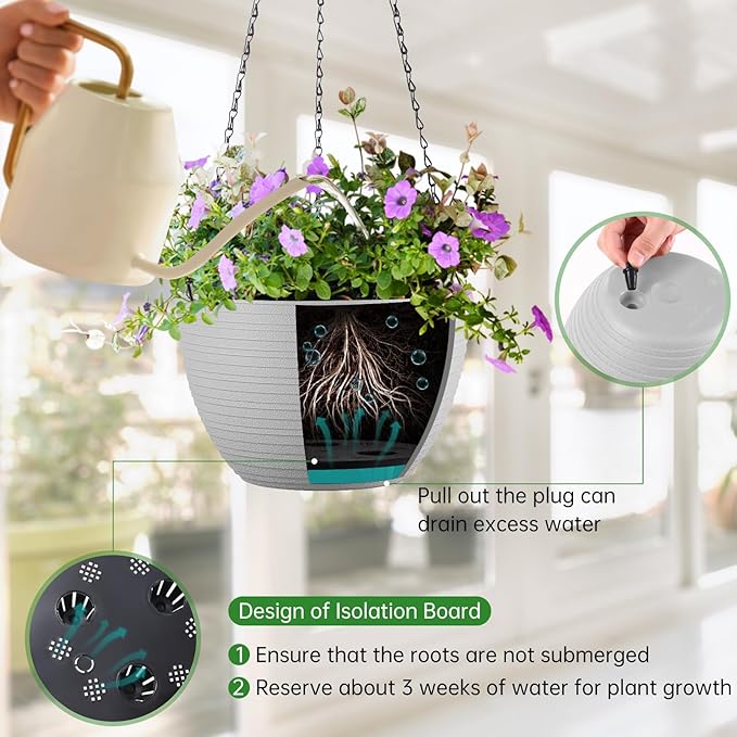 Set of 2 10 Inch Self Watering Hanging Planters for Indoor Outdoor Plants, Light Textured Hanging Baskets Flower Pots with Drainage Hole & Plug and 20" Chain Hanger