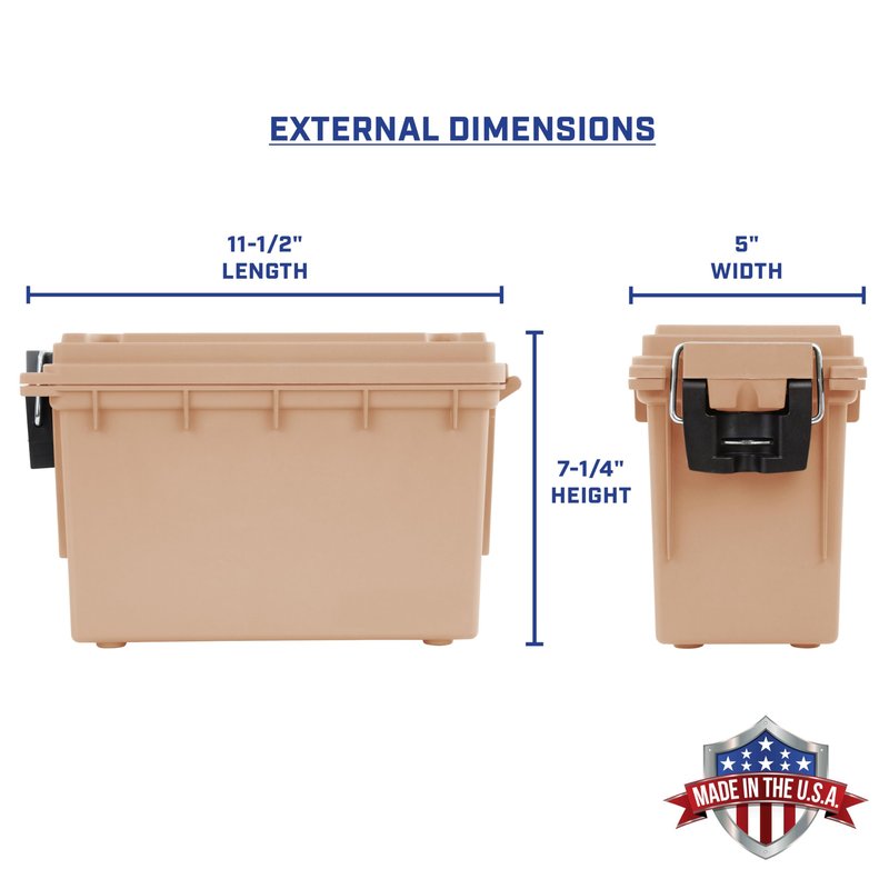 Sheffield 12627 Ammo Storage Box, Stackable .30 Cal Field Boxes, Water and Dust Resistant, Lockable Storage Box with Handle, Secures Hunting Gear, Supplies, and Bullets, Made in USA, Tan, 1-Pack