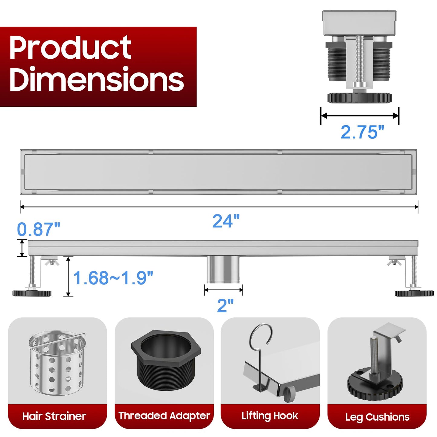 DLONE Linear Shower Drain | 24" AISI 304 Stainless Steel Linear Drain, Brushed Nickel Shower Drain with Tile Insert Panel & Adjustable Feet, Long Rectangle Shower Floor Drain in Bathroom, Balcony etc