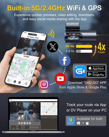 GKU 4K Dash Cam Front and Rear, 5GHz WiFi GPS, Dual Car Camera, 1.5” IPS Mini Dashcam for Cars with 64GB SD Card, 24H Parking Mode, Night Vision, WDR, 170° Wide Angle, G-Sensor, App Control, Max 256GB