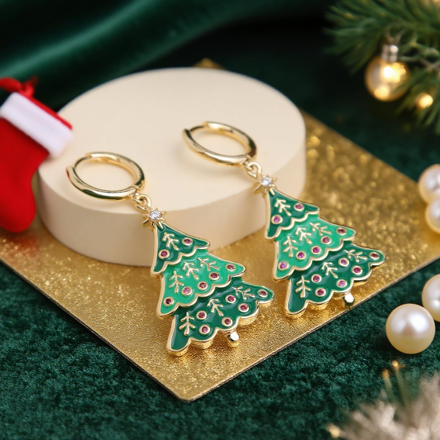 Sonateomber Christmas Tree Stocking Stuffers Dangle Drop Earrings for Women, Dainty Cute Xmas Gold Green Enamel Tree Dangling Hoop Santa Earings Holiday Party Outfit Accessories Costumes Jewelry Gift