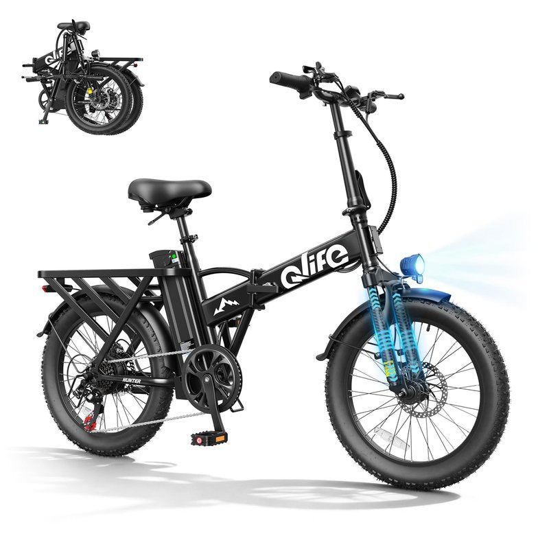 Qlife Hunter Foldable Electric Bike for Adults, Peak 1200W Ebike with 48V 13.5Ah Battery, 65-Mile Range, Heavy-Duty Rear Rack, 20-Inch Fat Tires, Folding E Bike for Commuting & Outdoor Use