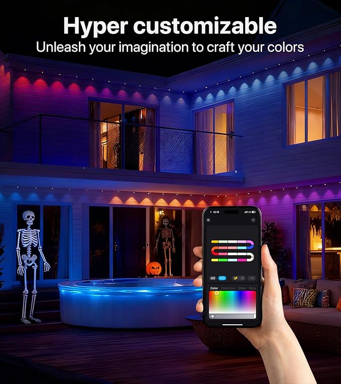 50FT RGB+IC LED Permanent Outdoor Lights, Eave Lights with Smart APP & Remote Control, 72 Scene Modes, Waterproof IP65 for Holiday Christmas Decorations(Extension Cord Not Included)