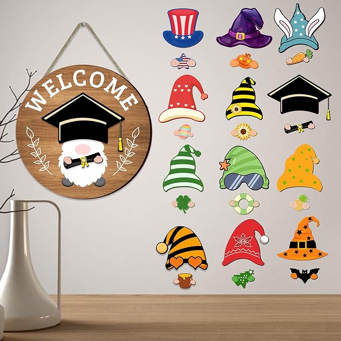 Interchangeable Seasonal Welcome Sign Front Door Decoration,Rustic Round Wood Wreaths Wall Hanging Outdoor Decor for Spring Summer Autumn and Winter All Seasons Holiday Halloween Christmas(Elf)