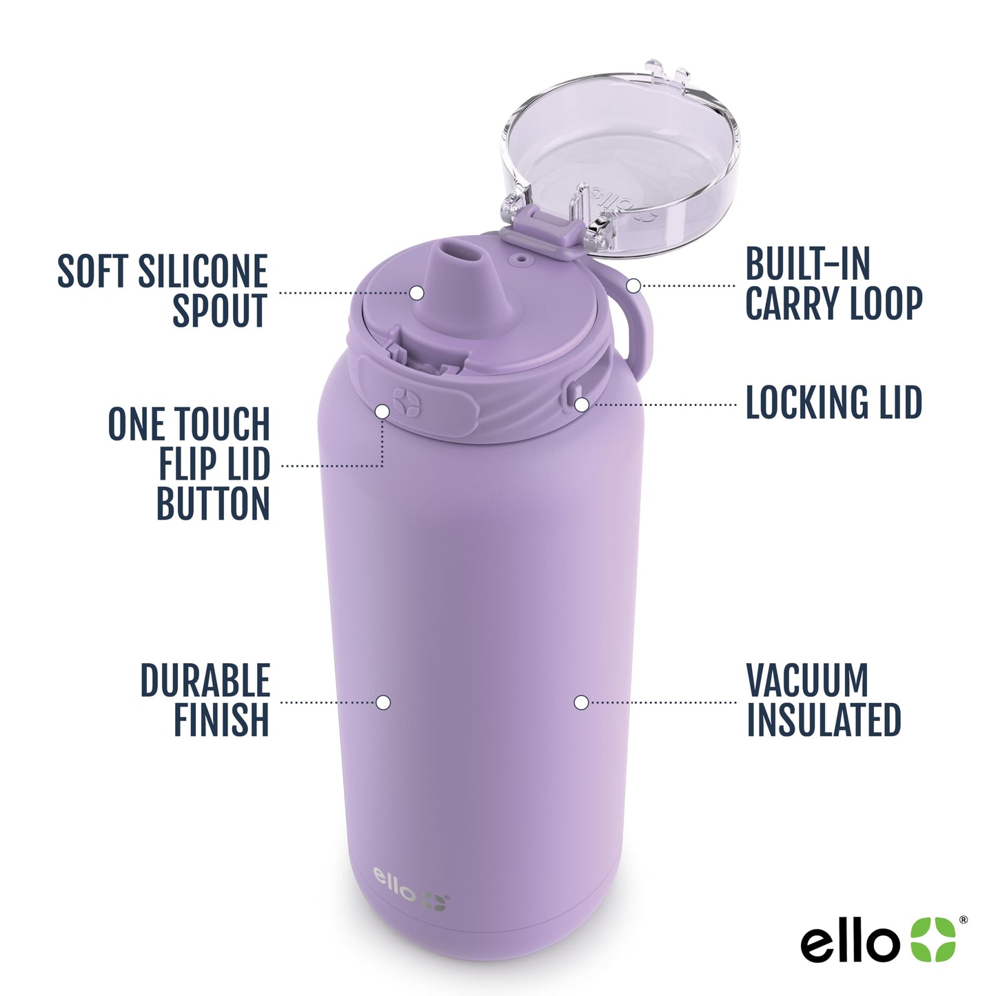 Ello Cooper 22oz Stainless Steel Water Bottle with Straw and Carry Handle, Double Walled and Vacuum Insulated Metal, Leak Proof Locking Lid with Soft Silicone Spout, Reusable, BPA Free, Lilac