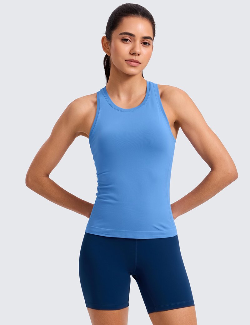 CRZ YOGA Seamless Workout Tank Tops for Women - Athletic Running Gym Sleeveless Shirts Crewneck Racerback Breathable Party Blue X-Large