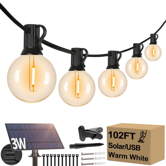 100FT G40 Solar String Lights, Globe Outdoor String Lights with 36 LED Shatterproof Bulbs, 2700K Shatterproof Patio Lights, Solar Powered Hanging Lights