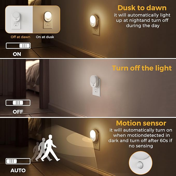 L LOHAS LED Plug in Night Light with Motion Sensor and Dusk to Dawn Sensor,[4-PACK] Night Lights Plug into Wall,3000K Soft White,30/60/100LM Dimmable Nightlight for Bathroom Hallway Kitchen
