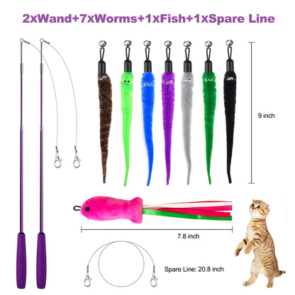 11PCS Cat Wand Toy, Cat Interactive Toys for Indoor Cats, 2 Retractable Cat Wand, 7 Worm Cat Teaser Toys and 1 Plush Fish Cat Toy, Cat Feather Toys for Play Chase Exercise with Kitten, Extra 1 Line