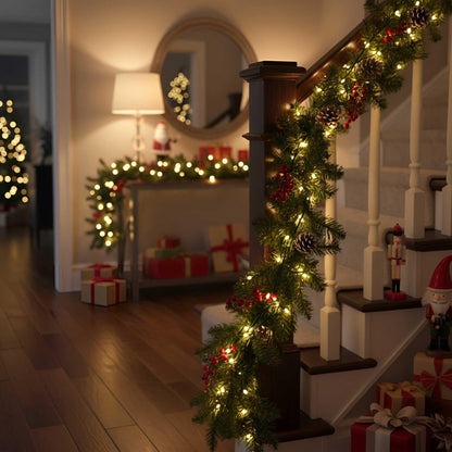 QBIS Outdoor Christmas Lights - Fairy Lights Battery Operated with Small Warm White LEDs, Green Wire, Multifunction, 6hr Timer, Indoor/Outdoor Battery Operated String for Wreath, Garland or Tree