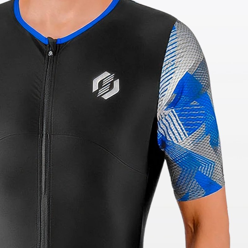 SLS3 Triathlon Suits Mens - Aerodynamic Sleeved Tri Suit Men – Lightweight Trisuit with Premium FX Fabrics - 2 Pockets (Black/Red Geo, Medium)