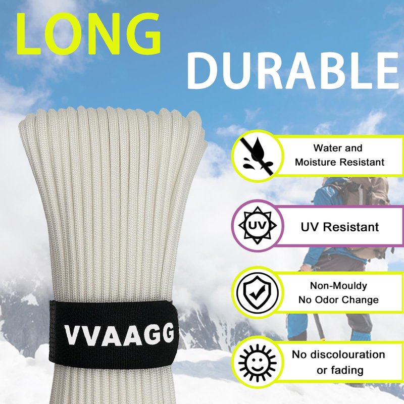 VVAAGG 1000 White Paracord 200FT Utility Parachute Cord 4mm Nylon String12 Strand Nylon Camping Rope, Tent Rope, Clothsline Rope for Survival & Camping Gear(White, 200FT)