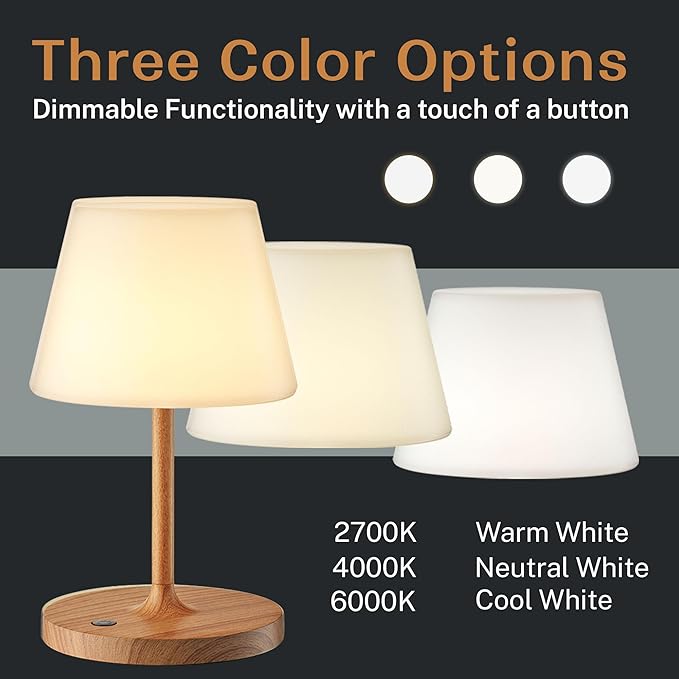 Battery Operated Table Lamp & Power Bank - 5000mAh Rechargeable Battery Powered, Touch Dimmable, 3 Color Temperatures, IP44 Waterproof Lamp Light for Home, Patio Outdoor Use - 9.6 In Modern Wood Grain