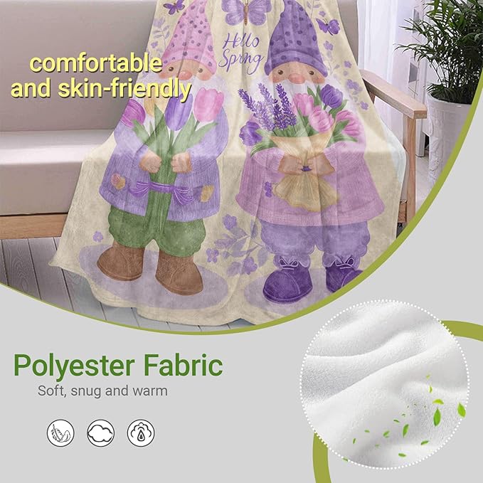 Gnome Lightweight Throw Blanket, Purple Lavender Flower and Butterfly, Warm Soft Cozy Flannel Blankets, Couch Dorm Home Decor All Season Use, 50x40in, Beige, Gifts for Women and Spring Lovers