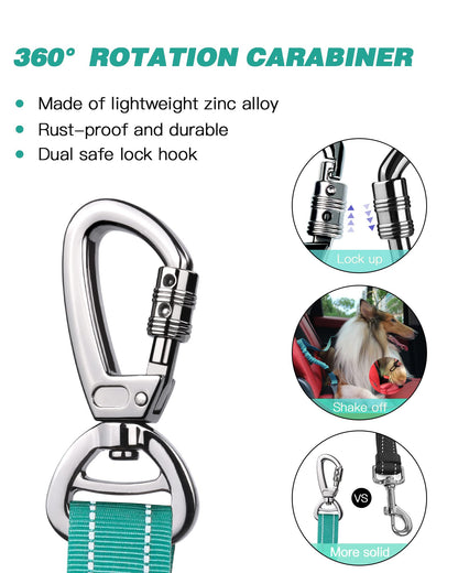 AUBELL Dog Seat Belt for Car,2 Pack Set 3-in-1 Adjustable Reflective Bungee Heavy Duty Dog Car Harness Tether with Clip Hook Latch & Buckle,Swivel Zinc Alloy Carabiner,Black+Teal