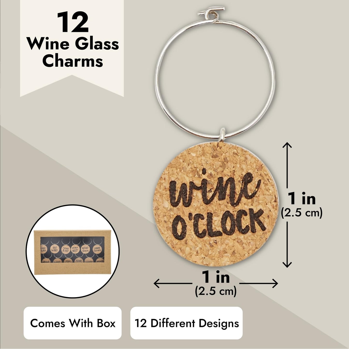 Juvale Wine Glass Charms - 1-Inch Circle Cork, 12-Pack - Wine Charms for Stem Glasses & Funny Party Decor - Birthday Party Favors