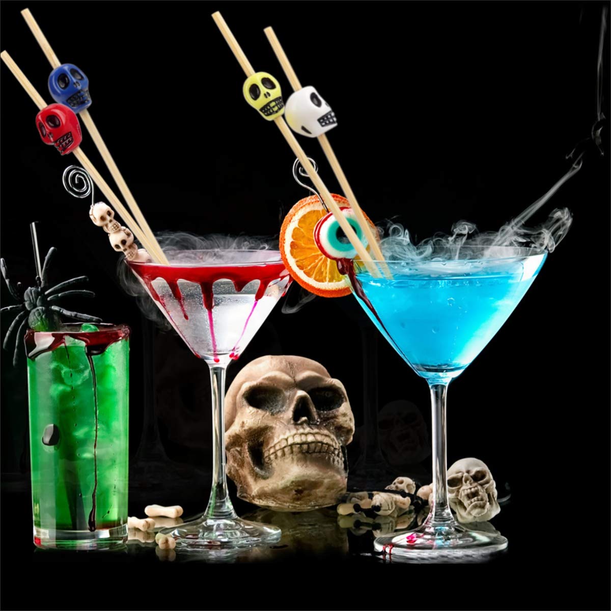 Minisland Halloween White Skull Cocktail Picks, 4.7 Inch Long Bamboo Fancy Toothpicks for Appetizers, Decorative Fall Holiday Party Food Drinks Garnish Fruit Kabob Skewer Sticks 100 Counts - MSL127W