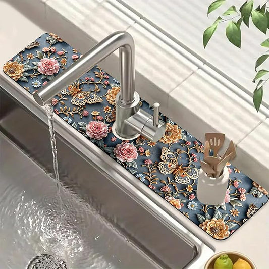Gold Butterfly Kitchen Sink Splash Guard Faucet Mat Pink Floral Super Absorbent