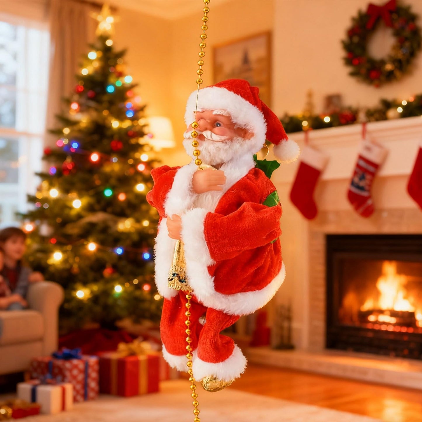 Santa Claus Musical Climbing Rope, 2026 New Electric Climbing Santa on Rope, Hanging Climbing Santa on Rope with Funny Musical, for Christmas Tree Fireplace Home Décor (1PCS)