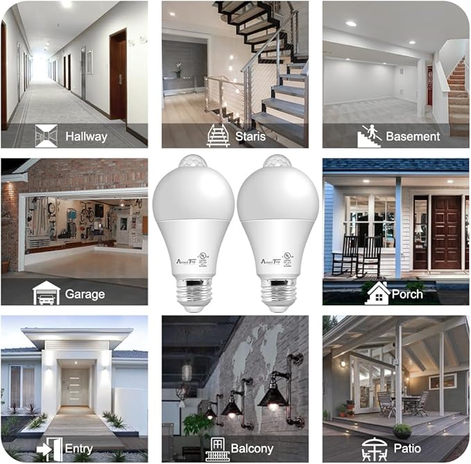 AmeriTop Motion Sensor Light Bulb- 4 Pack, 10W(60W Equivalent) 806lm Motion Activated Dusk to Dawn Security LED Bulb; UL Listed, A19, E26, Auto On/Off Indoor Outdoor Lighting (5000K Daylight)