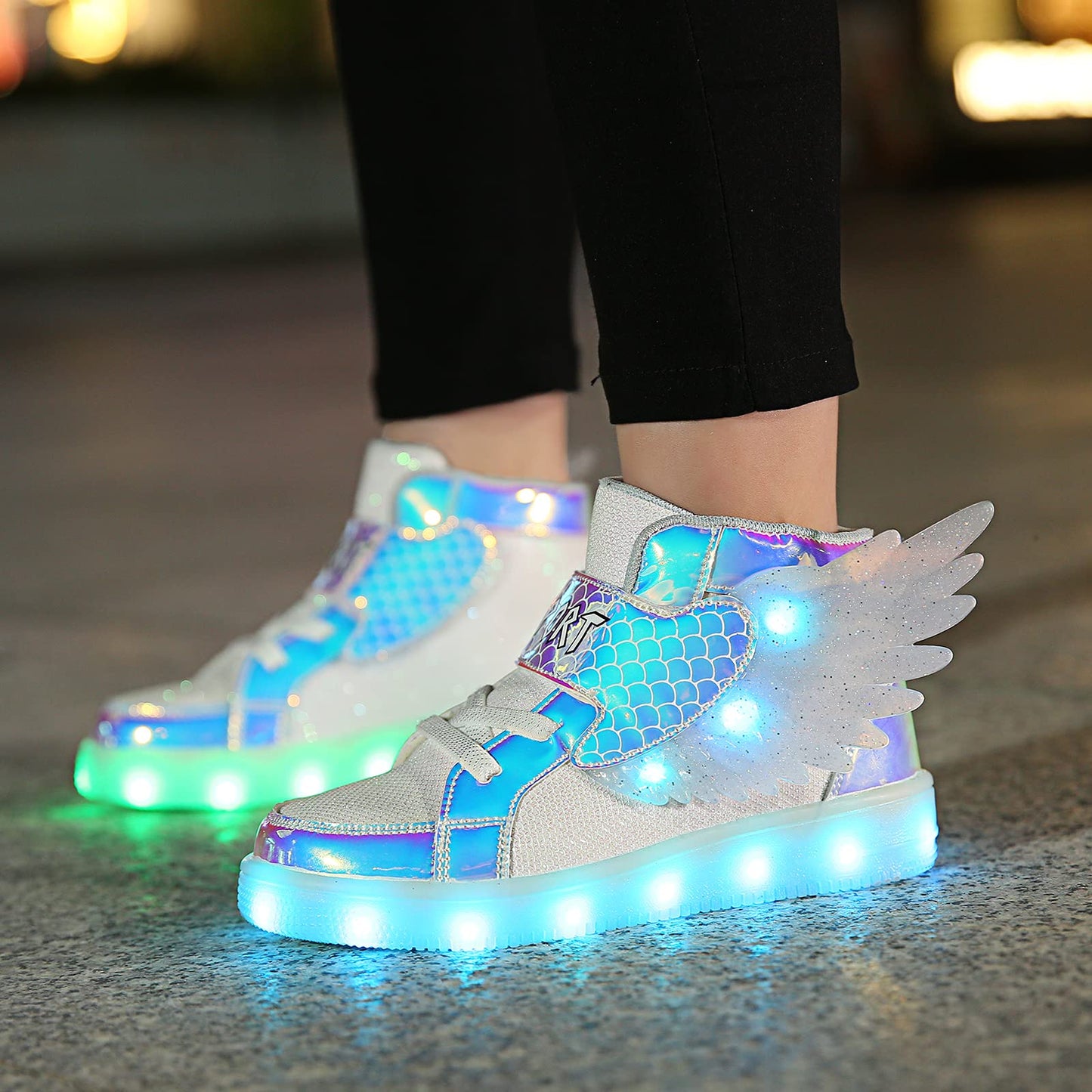 BFOEL Wings Sneakers Kids LED Light up Shoes USB Charging Flashing High-top Sneakers for Boys Girls Child Unisex(3.5 Big Kid White 35)