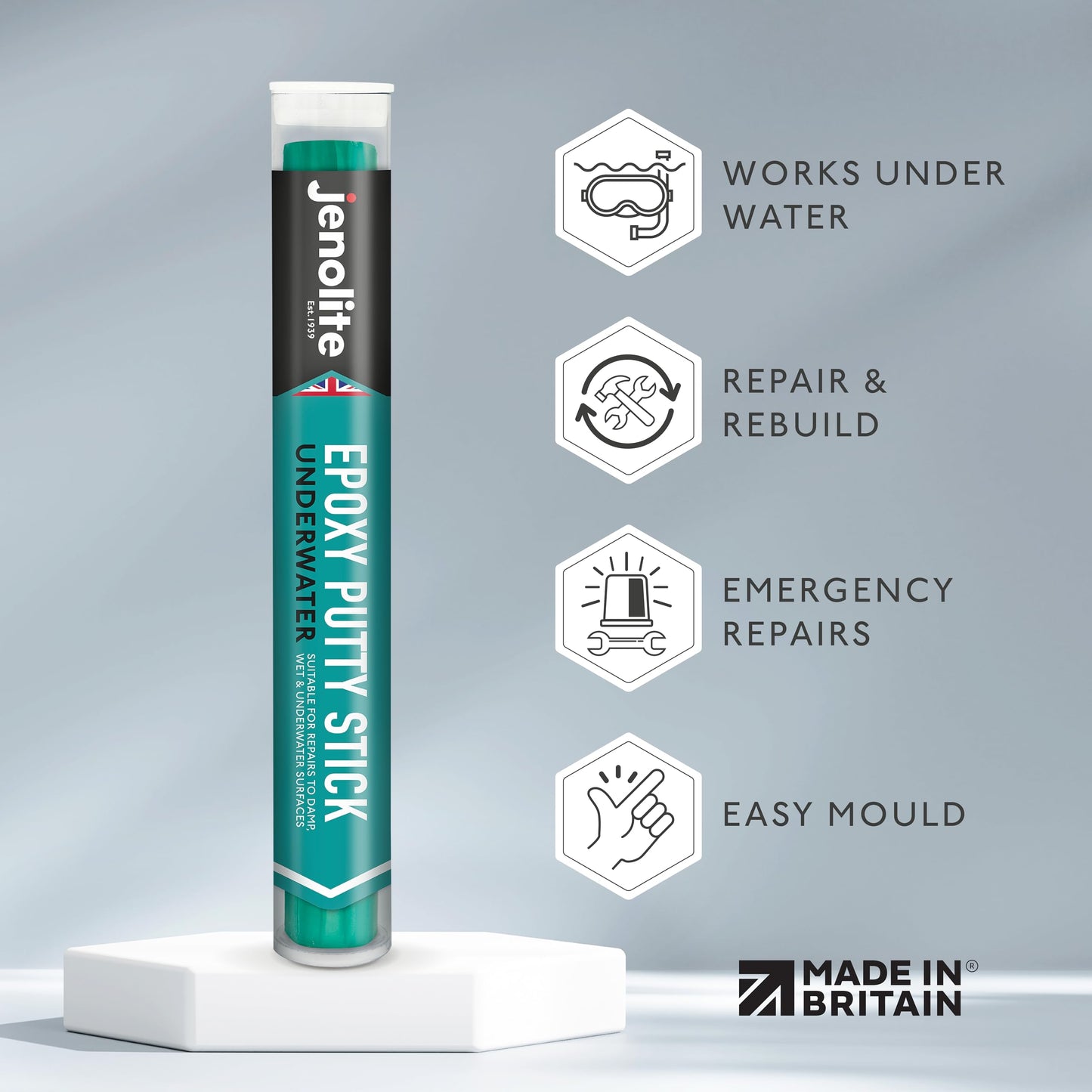 JENOLITE Epoxy Putty Repair Stick | UNDERWATER | 112g (7 Inches) | Apply Underwater | Ideal For Hot Tubs, Spas, Swimming Pools, Boats & More | Excellent as Plumbers Putty & Pipe Repair Epoxy Filler