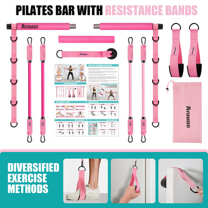Ayombo Pilates Bar Kit with Resistance Bands, Pilates Workout Equipment for Legs, Hip, Waist, Arm, Squats Exercise Equipment for Home Workouts, Adjustable 3-Section Pilates Bar Kit for Women & Men