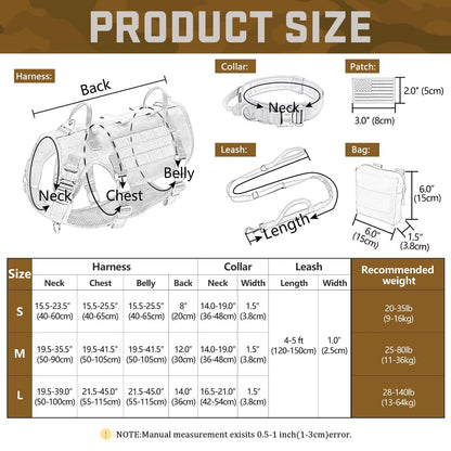Forestpaw Tactical Dog Harness for Large Dogs,Tactical Dog Collar with Bungee Leash Set,No Pull Military Dog Harness for Walking Training,Adjustable for Medium Large Dogs,Khaki,Chest 21.5-45"