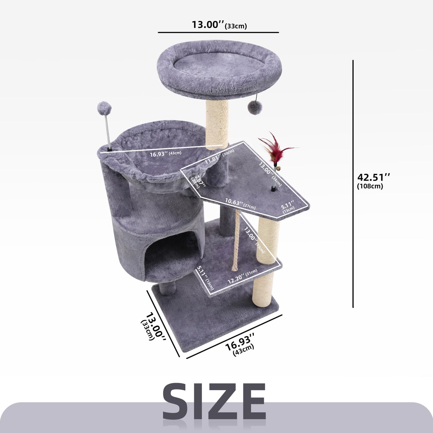 TINWEIUS 42.5'' Cat Tree for Indor Cats, Multifunctional Cat Tower with Cozy Condo, Perches, Scratching Posts and Hammock, Grey…