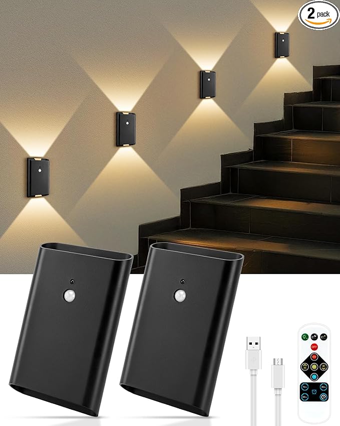 2 Pack Rechargeable Motion Sensor Wall Sconce – 5000mAh Wireless Battery Operated Wall Light, 3 Colors Up/Down Lighting Night Light with Remote Control for Indoor Stairs, Bedroom, Hallway (Black)