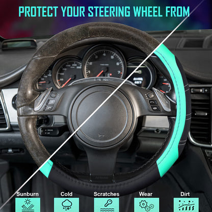 CAR PASS Line Rider Microfiber Leather Sporty Steering Wheel Cover Universal Fits for 95% Truck,SUV,Cars, 14.5-15 inch Anti-Slip Safety Comfortable Design (Black Mint Blue)