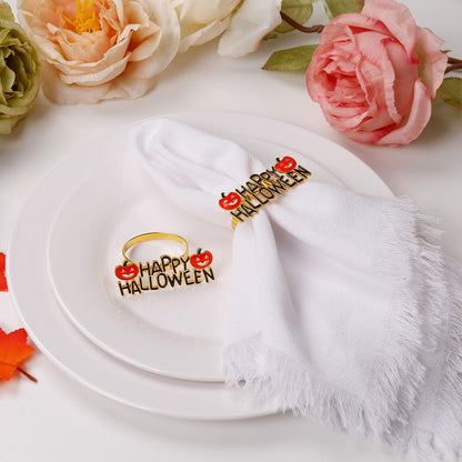 Getfitsoo Halloween Napkin Rings Set of 6, Happy Words With Orange Pumpkin Holders, Gold Metal Buckles for Party Decorations, Home Kitchen Dinner Table Setting