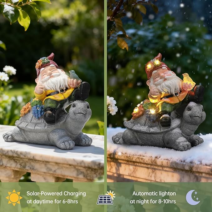 Solar Gnome on Turtle Statue Light, Weatherproof Resin Garden Decor Auto On/Off - Whimsical Night Glow for Fairy Garden,Yard