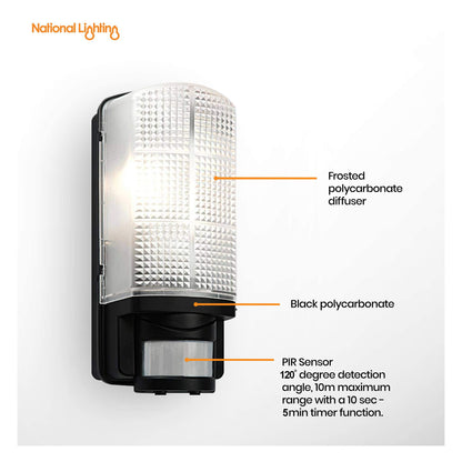 Motion Outdoor Lights Mains Powered - PIR Lights Outdoor - Bulkhead Wall Lights with Motion Sensor - IP44 Rated Security Lights - Black Finish - E27 LED Compatible