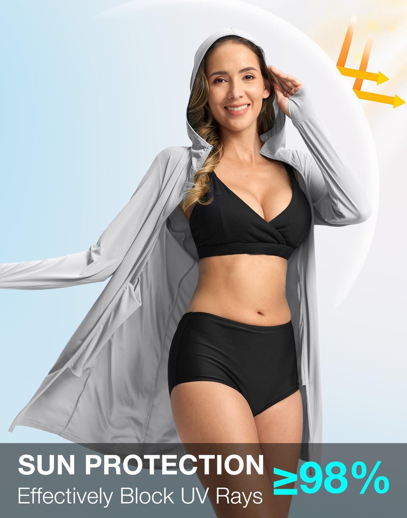 Soothfeel Women's UPF 50+ Swim Cover Up Sun Protection Hoodie SPF Lightweight Jacket Long Sleeve Beach Cover Ups for Women (Light_Grey,M)