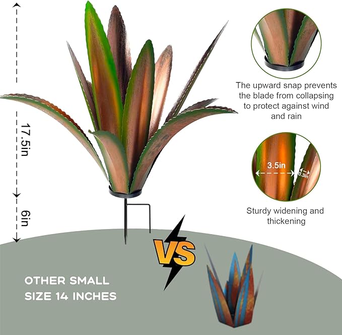 TOMBABY Enlarge Thickened Wind Resistant Metal Agave Garden Art Metal Plant Country Garden Sculpture Statue Outdoor Decoration Agave Metal Plant Courtyard Lawn Ornament Gift (2, 12 Leaves Green)
