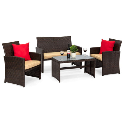Best Choice Products 4-Piece Outdoor Wicker Patio Conversation Furniture Set for Backyard w/Coffee Table, Seat Cushions - Brown/Beige