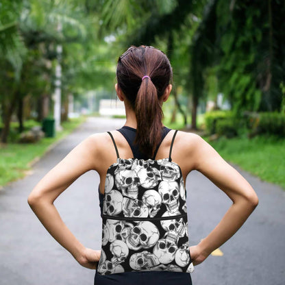 Halloween Goth Skull Drawstring Backpack, Gothic Black White Skeleton Drawstring Bag, Waterproof Durable String Sackpack, Large Capacity Cinch Sackpack for Yoga Sport Beach Gym Shopping