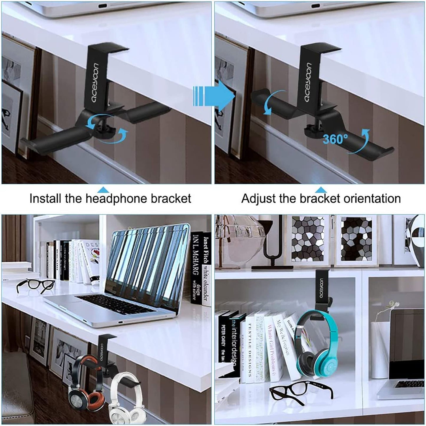 aceyoon Headphone Stand, Under Desk Hanger, Dual Headset Holder, Table Hook for Bag/Backpack/Gaming Headphone, 360 Rotatable, Black